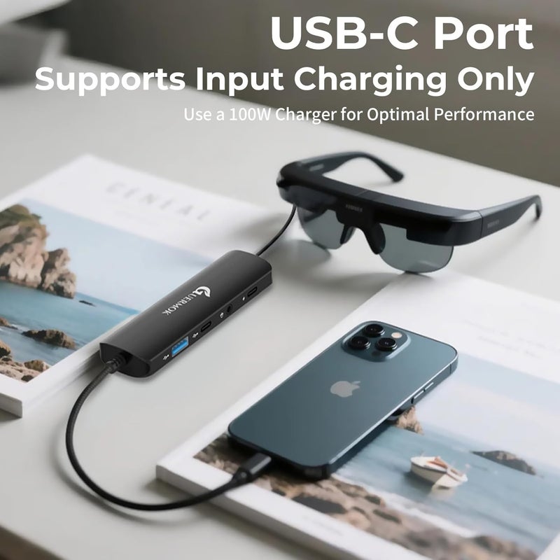 Guermok 5-in-1 USB-C to AR Glasses Adapter, 100W PD Fast Charging, 8K@60Hz Video, USB/USB-C Ports – Works with AR Glasses Devices, Handheld Consoles, Switch, USBC Phones and Laptops, Black - Image 3